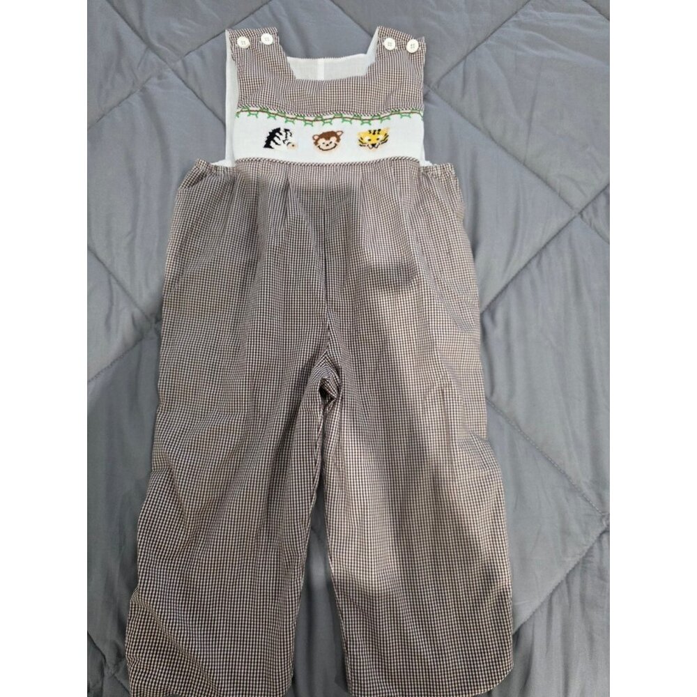 Remember Nguyen Brown Gingham Smocked Animals Size 3T Overalls Zebra Monkey